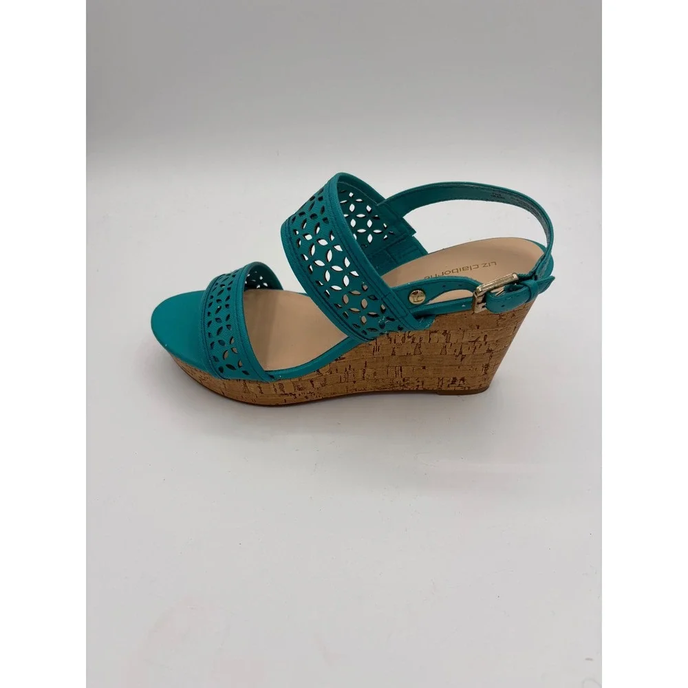 Liz Claiborne Teal Laser Cut Cork Wedge Sandals Womens 7.5M Blue 106-6263